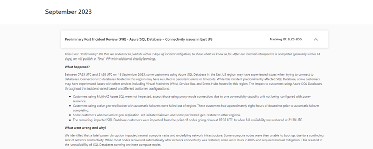 screenshot of azure connectivity issue announcement