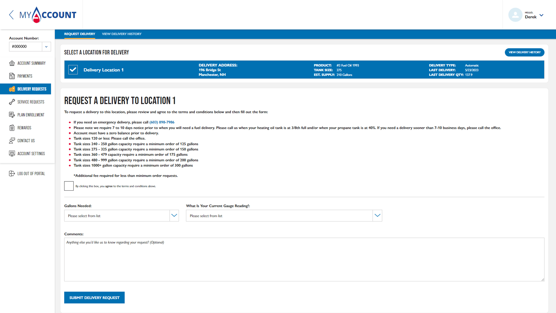 Palmer gas and oil portal delivery request page