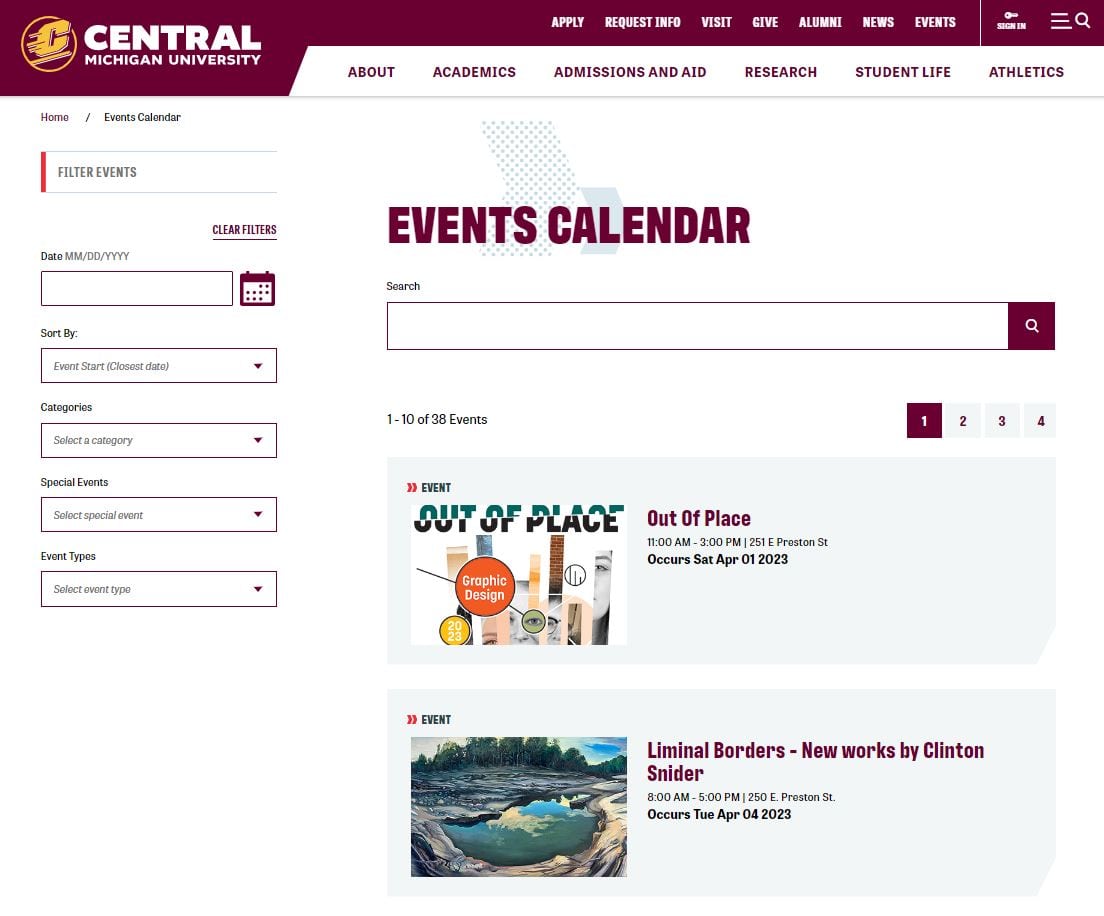 image of CU's event calendar page