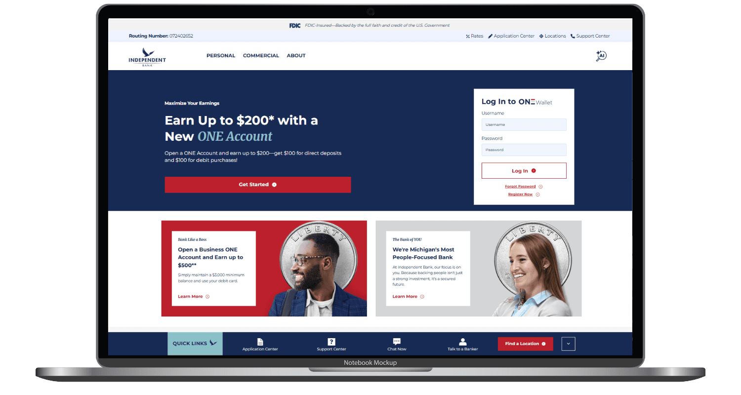 Independent Bank homepage on laptop screen