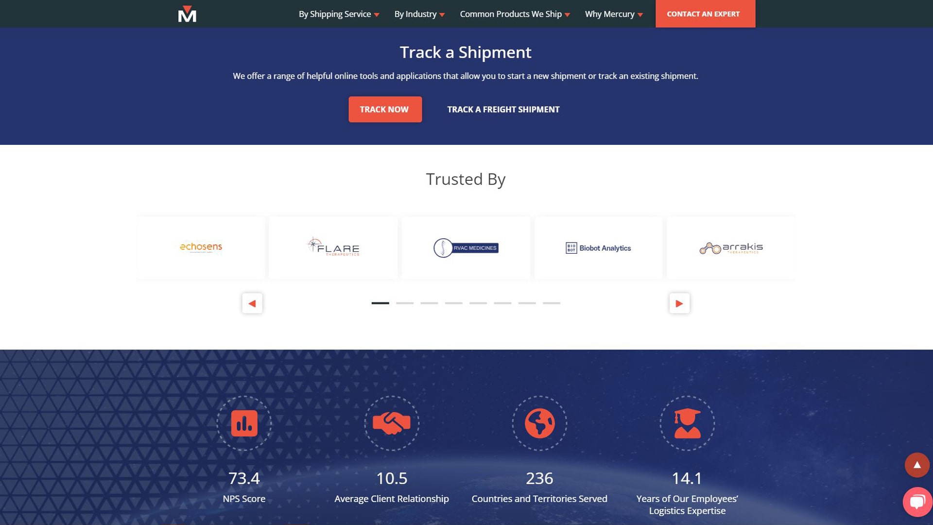 screenshot of Mercury shipment tracking website page