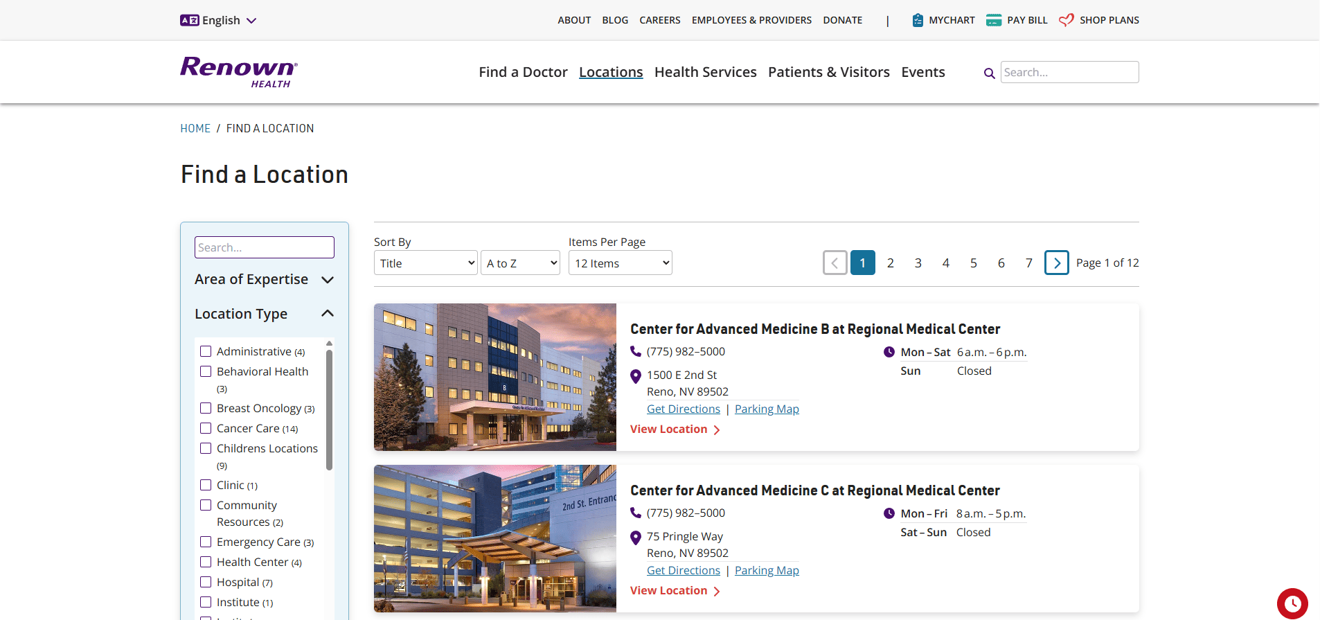 screenshot of Renown Health website