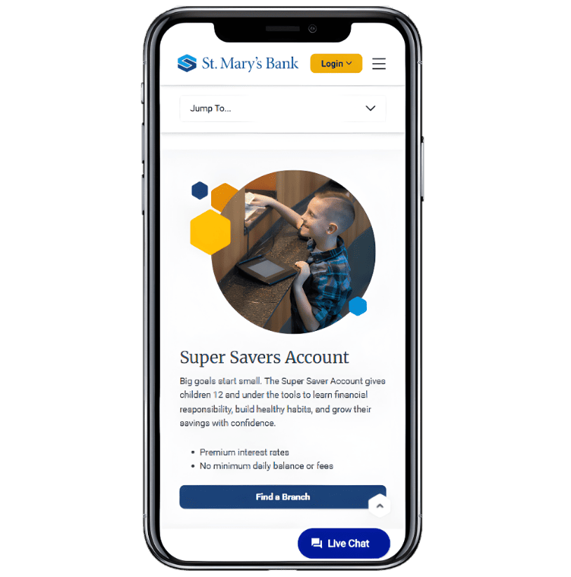 Mobile phone with St. Mary's Bank website on the screen