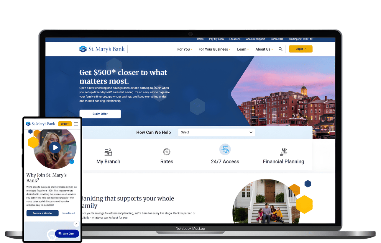 St. Mary's Bank website on laptop and mobile phone screens