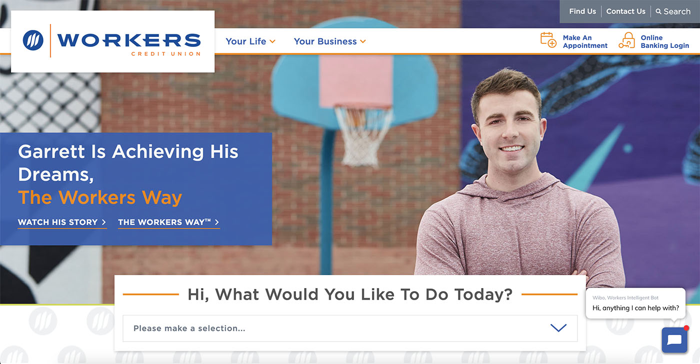 Screenshot of Workers Credit Union homepage hero and navigation