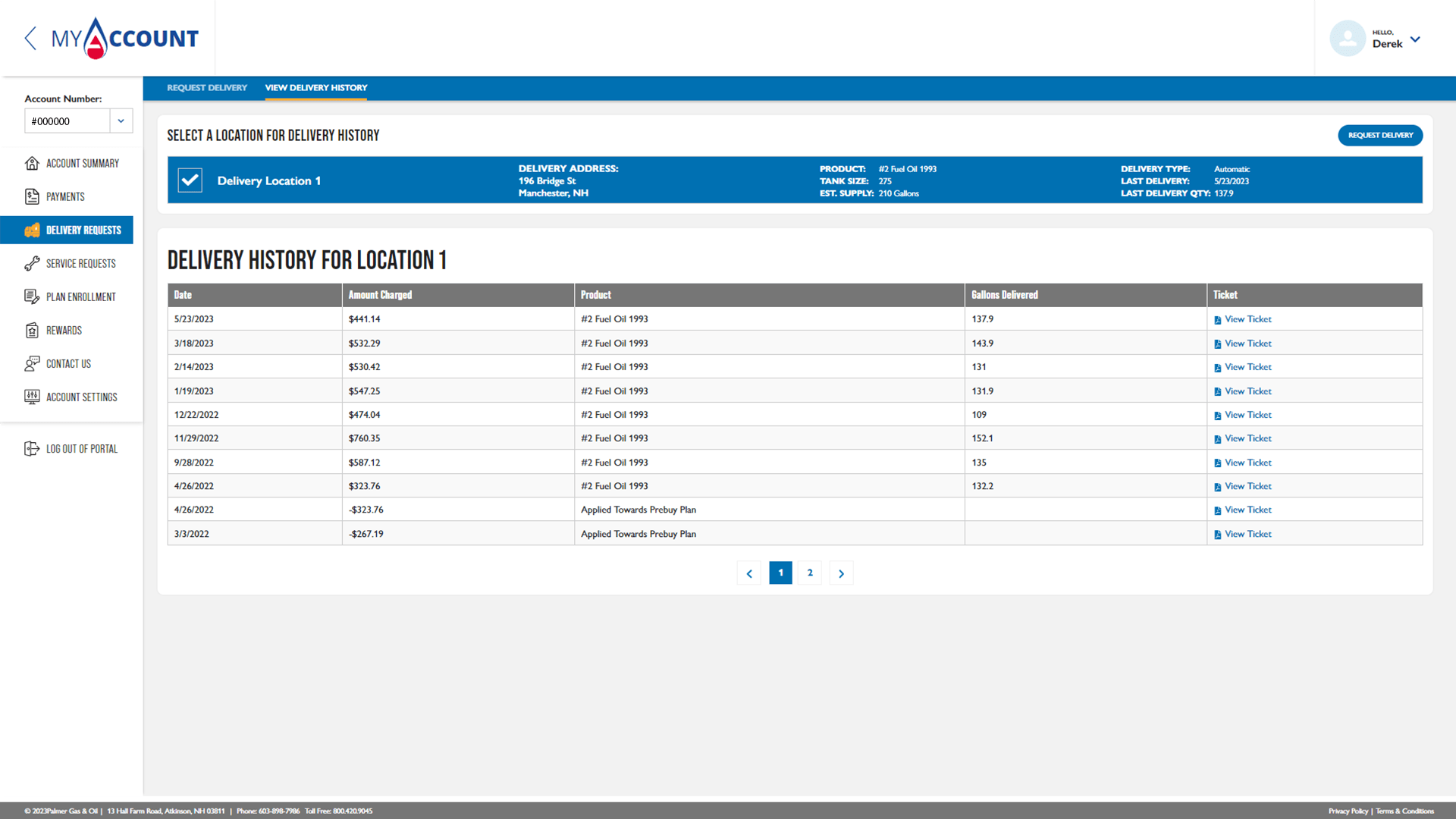 palmer portal delivery history page