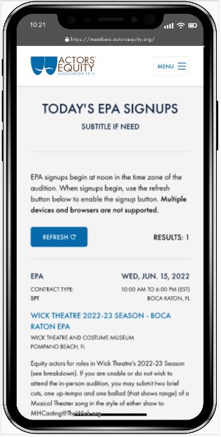 Actors Equity example phone portal image