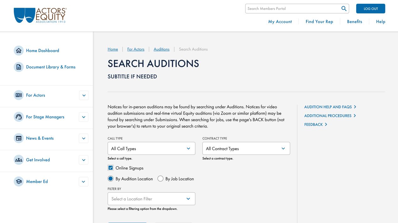 Actors equity portal search auditions