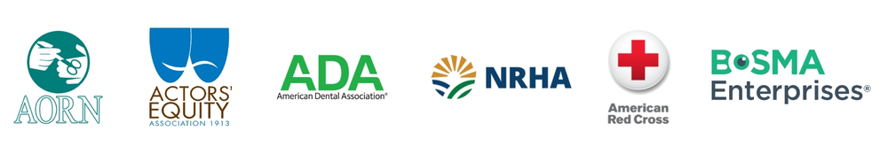 association logos for AORN, Actor's Equity, ADA, NRHA, American Red Cross, and BOSMA Enterprises