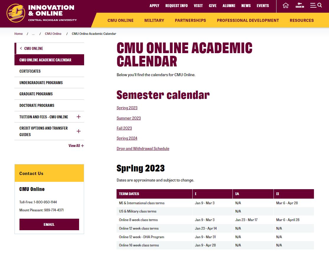 image of academic calendar from CMU website