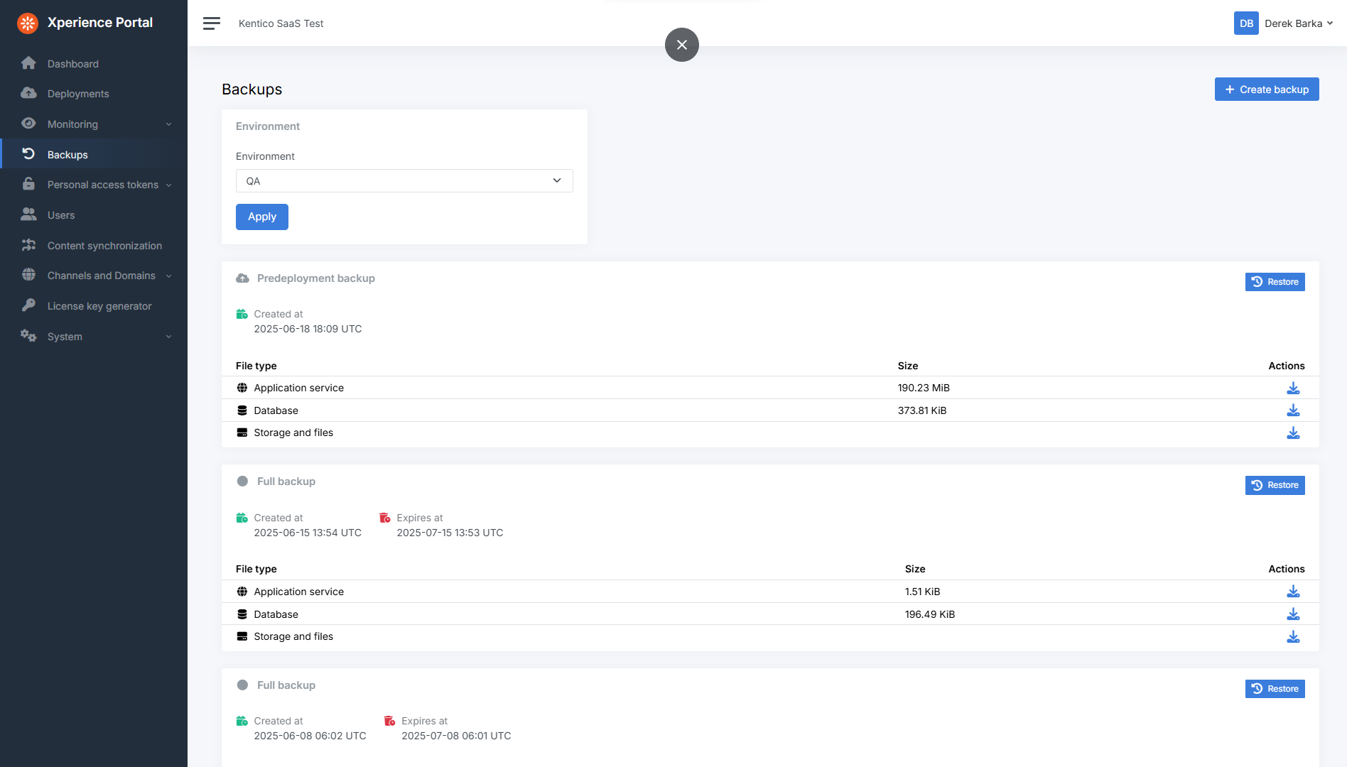 Kentico backuos screen