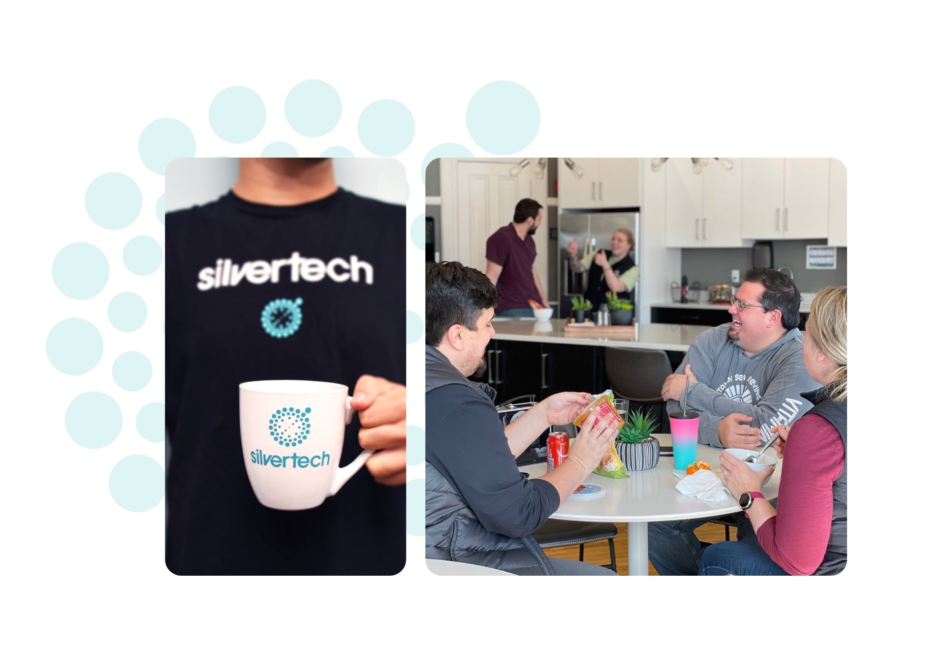 Image 1 - close up of someone wearing an ST shirt holding a SilverTech mug, second imagery of the crew in the kitchen eating and laughing
