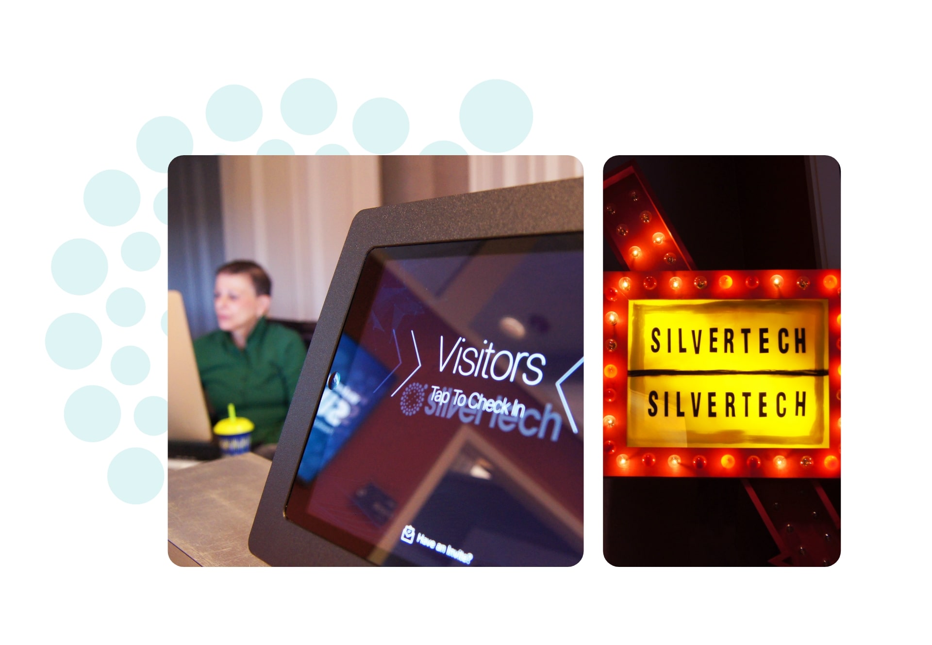 First image of Nanci at her desk with the Visitor ipad in view, second image of our SilverTech sign