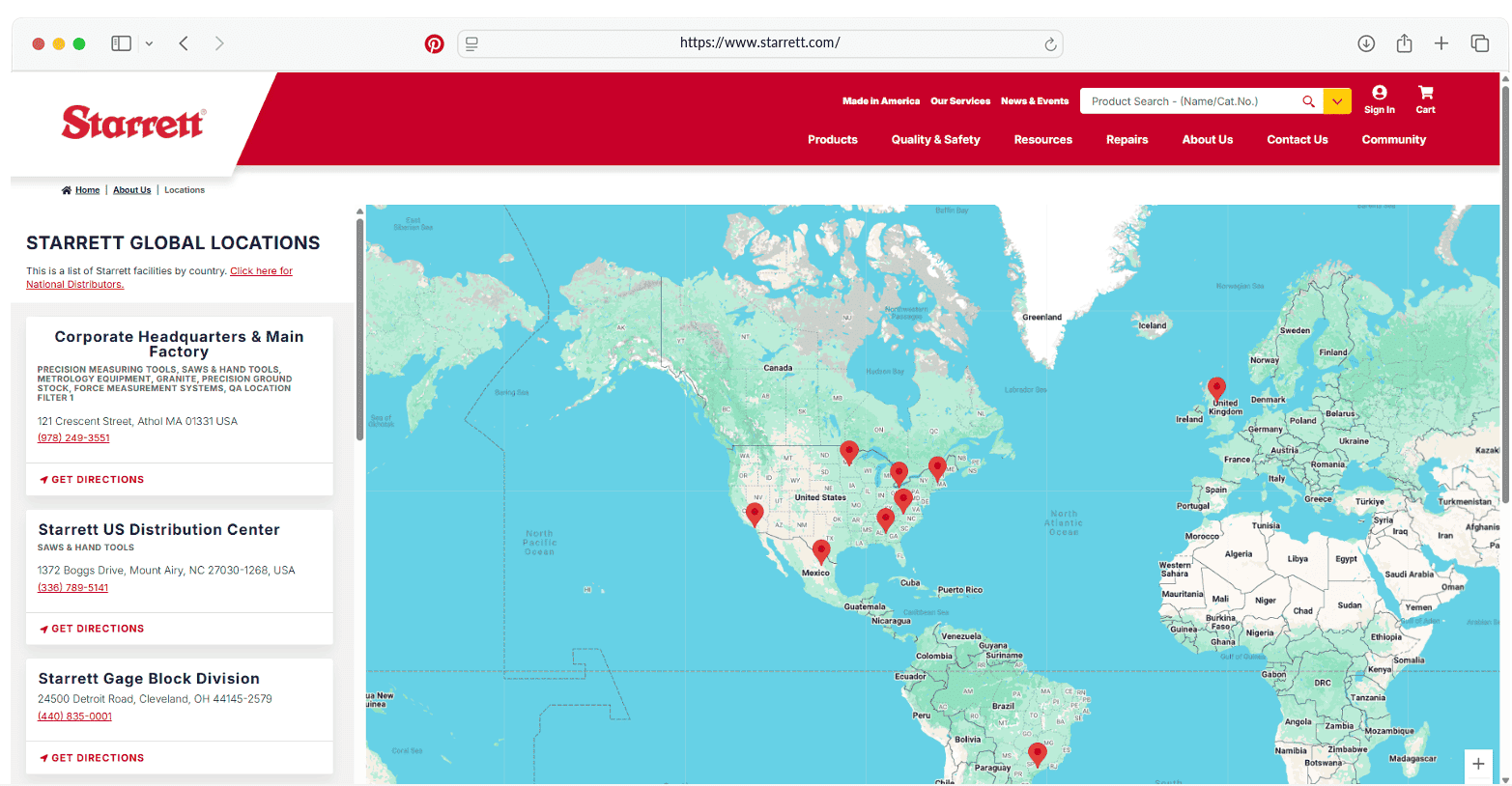 Location map on Starrett website
